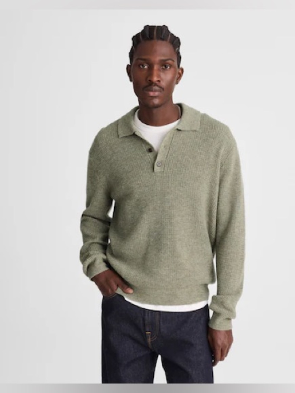 Madewell Olive Green Waffle Knit Button-Snap Collar Sweater